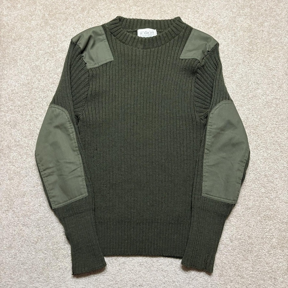Vtg USMC Commando‎ Sweater Mens Medium Green Wool Knit Elbow Patches 80s